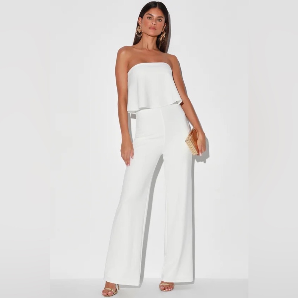 Lulu’s What Lovers Do White Strapless Wide-Leg Jumpsuit
